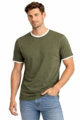 Erkek Bisiklet Yaka Kol Bandı Ribanalı Tişört – Modern Kesim, Rahat ve Şık Günlük Basic T-Shirt 21-11064 HAKİ