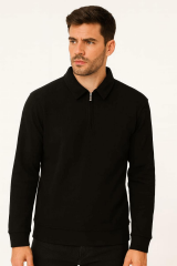 Uzun Kollu Yarım Fermuarlı Pamuk Karışımlı Rahat Regulear Kalıp Polo Yaka  Erkek Sweatshirt 95261