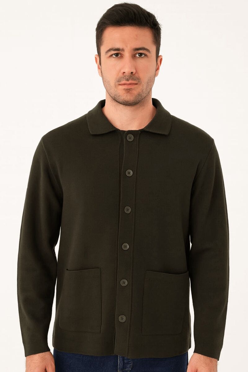 Gömlek Yaka Düğmeli Yandan Cepli Düğmeli Günlük Kullanıma Uygun Hırka 5119 HAKİ