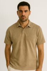 Erkek Polo Yaka Tişört Kısa Kollu Yarım Düğmeli Rahat Şık Günlük T-Shirt BEJ