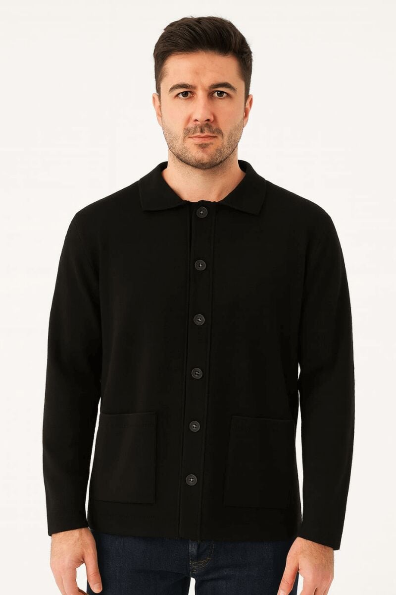 Gömlek Yaka Düğmeli Yandan Cepli Düğmeli Günlük Kullanıma Uygun Hırka 5119 SİYAH