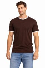 Erkek Bisiklet Yaka Kol Bandı Ribanalı Tişört – Modern Kesim, Rahat ve Şık Günlük Basic T-Shirt 21-11064 KAHVERENGİ