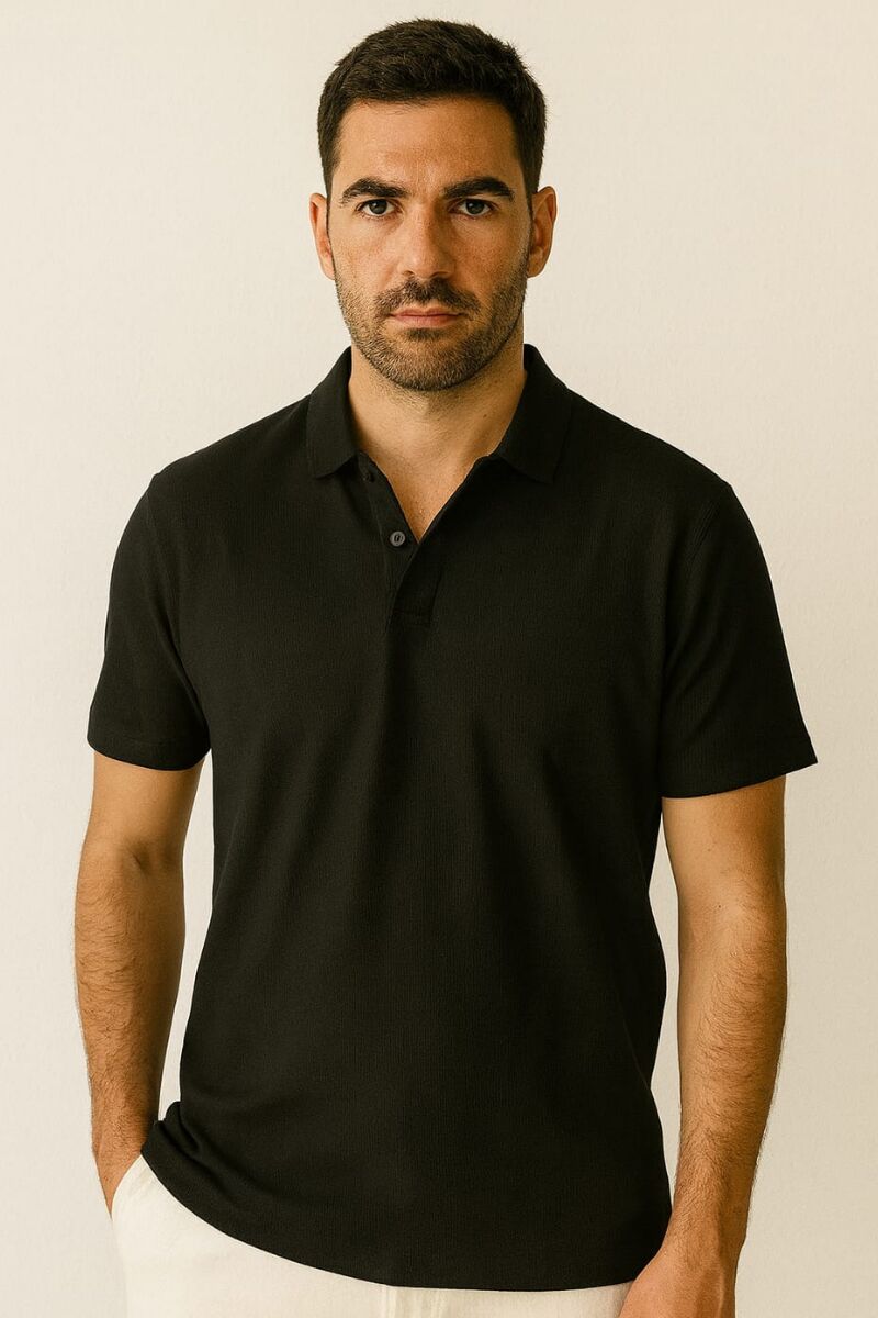 Erkek Polo Yaka Tişört Kısa Kollu Yarım Düğmeli Rahat Şık Günlük T-Shirt SİYAH