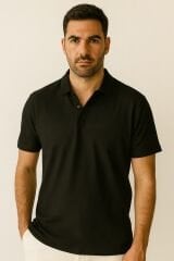 Erkek Polo Yaka Tişört Kısa Kollu Yarım Düğmeli Rahat Şık Günlük T-Shirt SİYAH