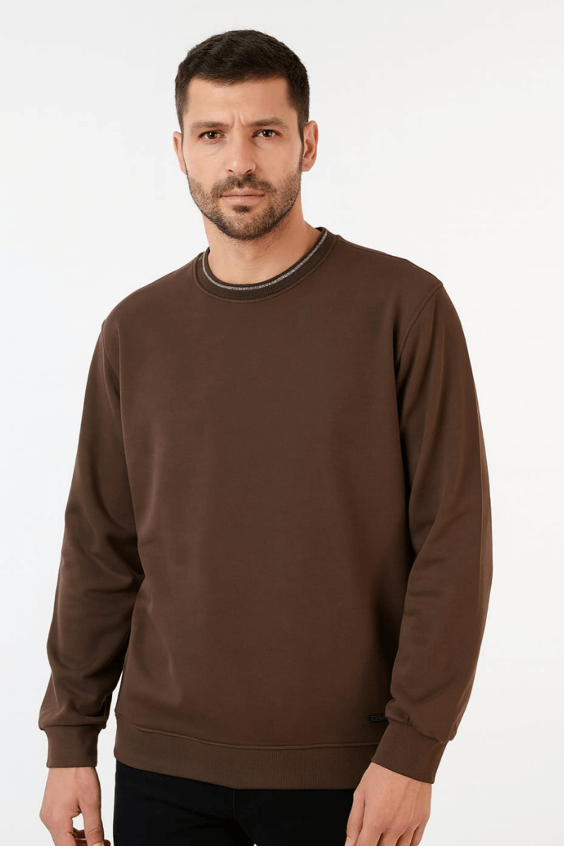 Uzun Kollu Bisiklet Yaka Erkek Sweatshirt KAHVERENGİ