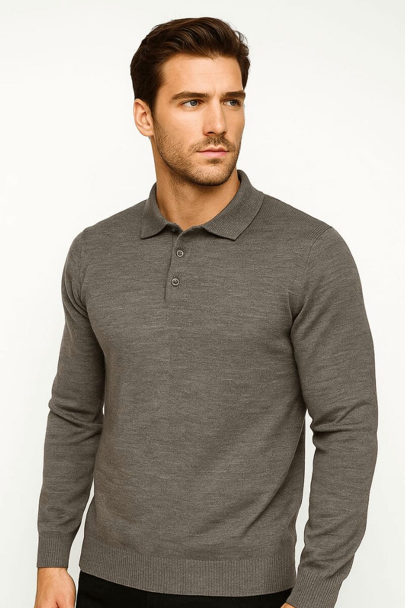 Erkek Polo Yaka Triko Kazak Uzun Kollu Yarım Düğmeli – Akrilik Rahat ve Şık Kazak 93089 ANTRASİT