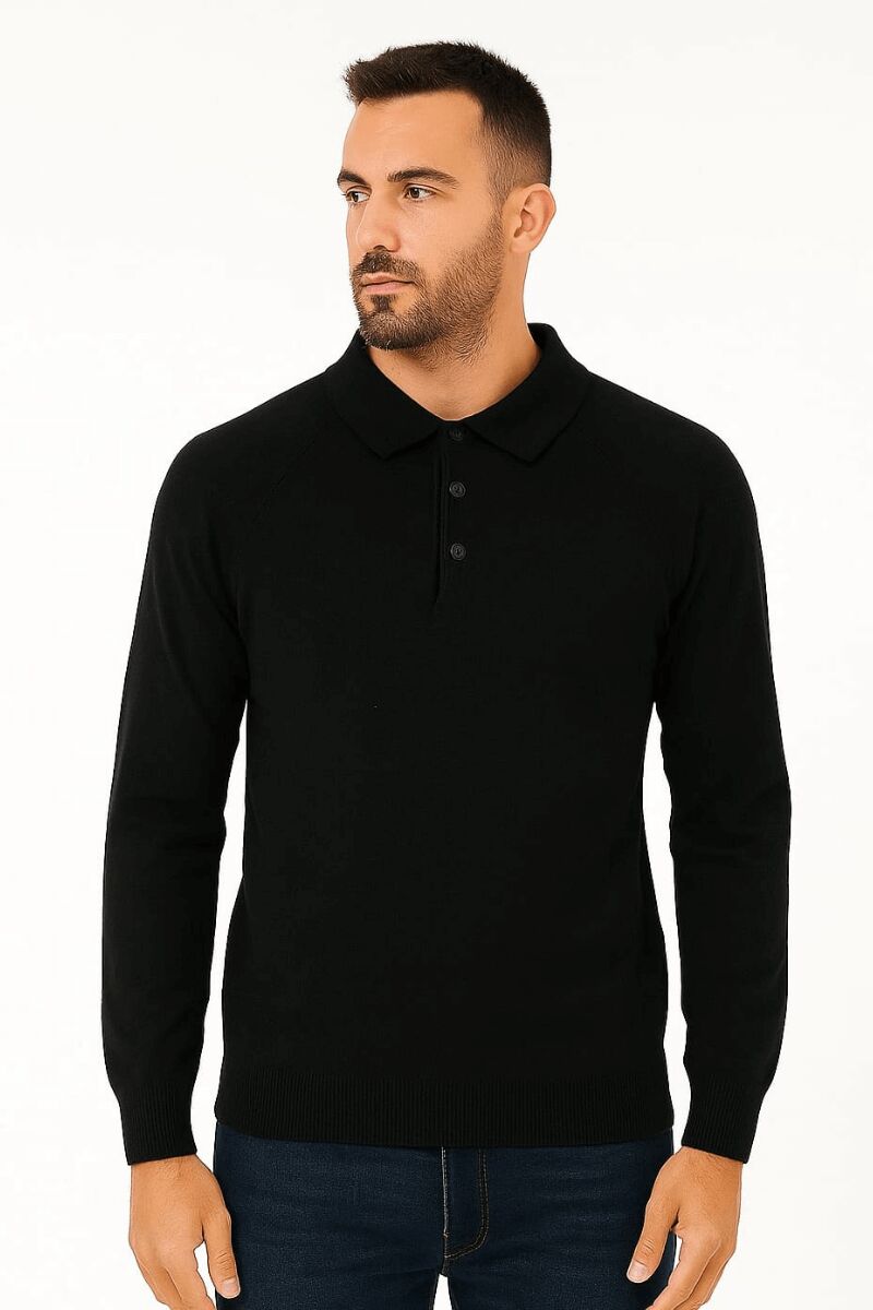 Erkek Polo Yaka Triko Kazak Uzun Kollu Yarım Düğmeli – Akrilik Rahat ve Şık Kazak 93089 SİYAH