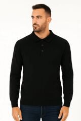 Erkek Polo Yaka Triko Kazak Uzun Kollu Yarım Düğmeli – Akrilik Rahat ve Şık Kazak 93089 SİYAH
