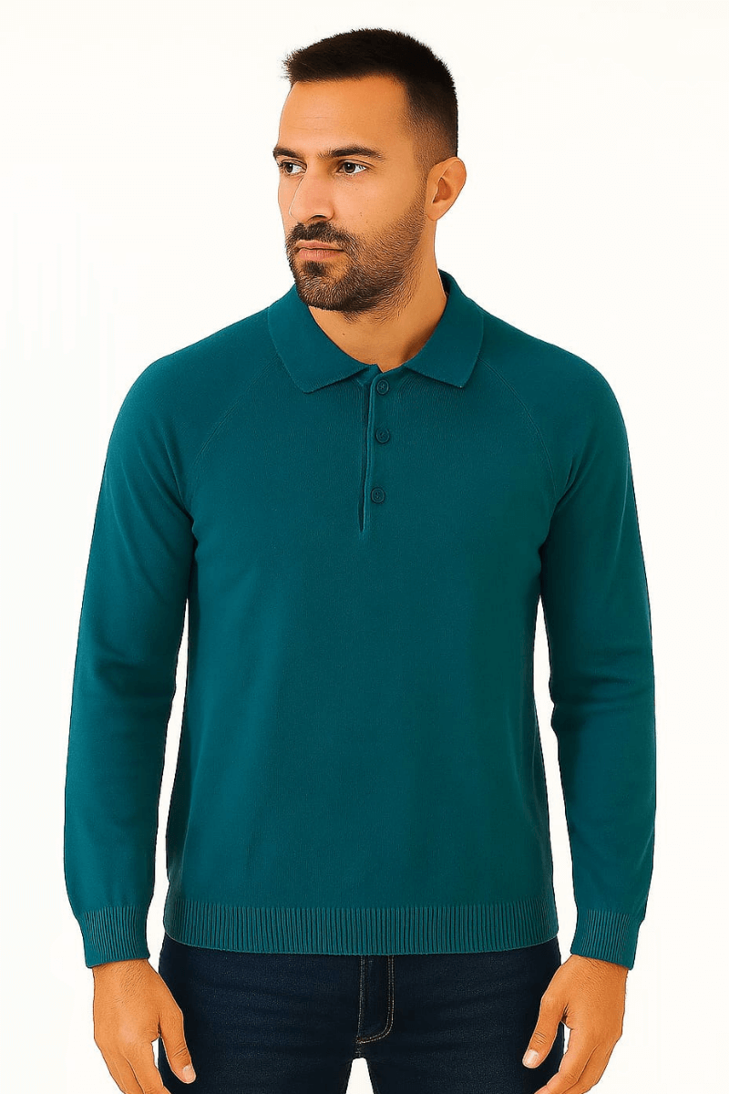 Polo Yaka Uzun Kollu Yarım Düğmeli  Erkek Triko Kazak 93089 İNDİGO İNDİGO - XL