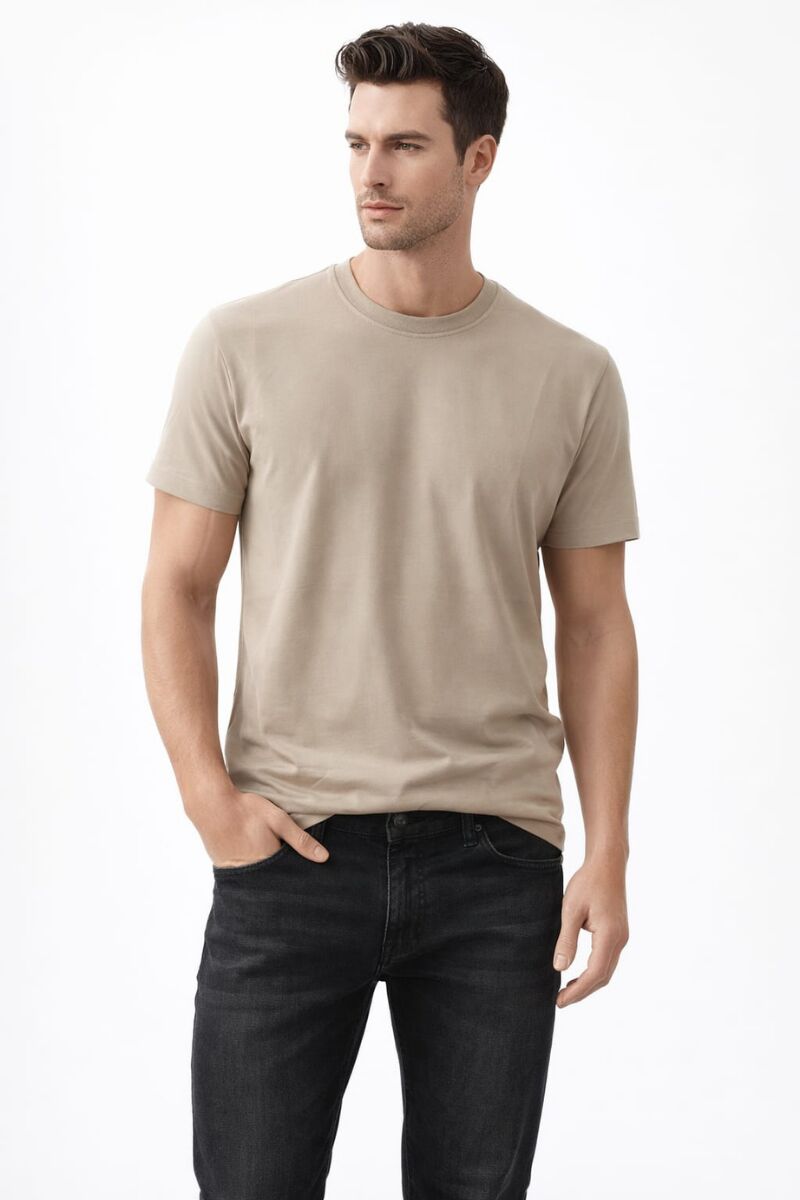 Viskon Kumaş T-shirt  Regular Kalıp Pürüzsüz Kumaş Vücuda Oturan   Erkek Tshirt 95252 BEJ