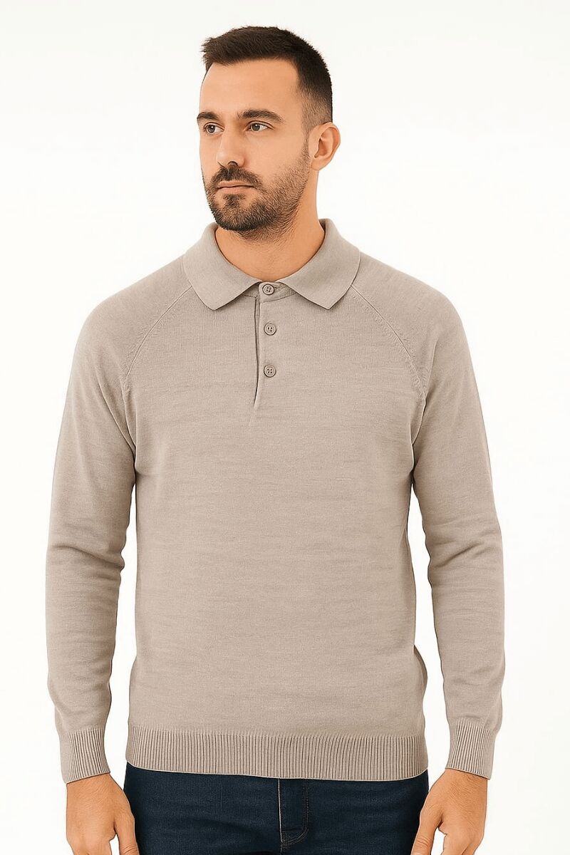 Erkek Polo Yaka Triko Kazak Uzun Kollu Yarım Düğmeli – Akrilik Rahat ve Şık Kazak 93089 EKRU