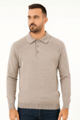 Erkek Polo Yaka Triko Kazak Uzun Kollu Yarım Düğmeli – Akrilik Rahat ve Şık Kazak 93089 EKRU