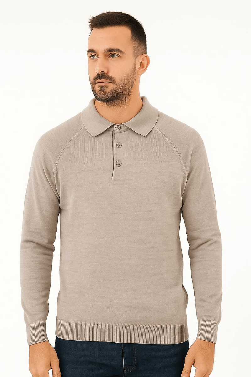 Polo Yaka Uzun Kollu Yarım Düğmeli  Erkek Triko Kazak 93089 EKRU EKRU - XL