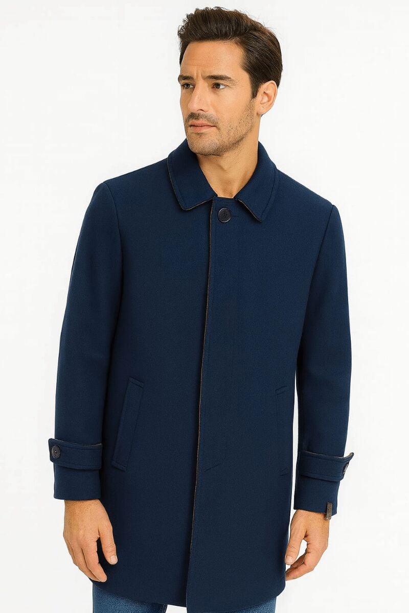 Düğmeli Yandan Cepli Uzun Kaşe Kol Detaylı Kalın Üşütmeyen Modern Görünümlü Mont   718 LACİVERT