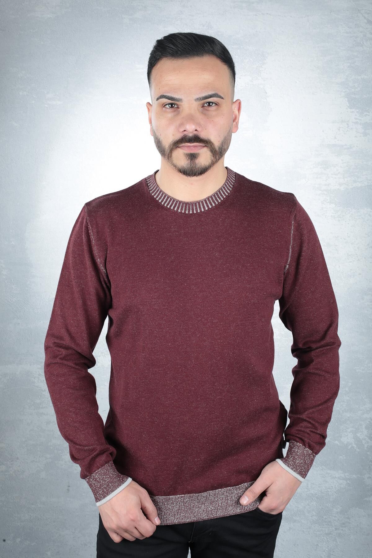 Uzun Kollu Bisiklet Yakalı Pamuk Karışımlı Yaka Çizgi Detaylı Rahat Erkek Kazak  93103