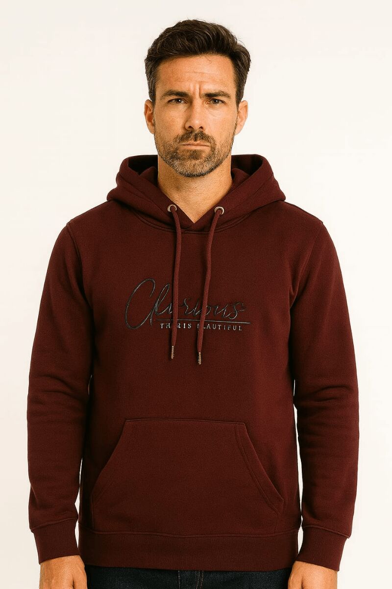 Uzun Kollu Kanguru Cepli Pamuk Karışımlı  Önden Baskılı Erkek Sweatshirt Kapşonlu 679 BORDO