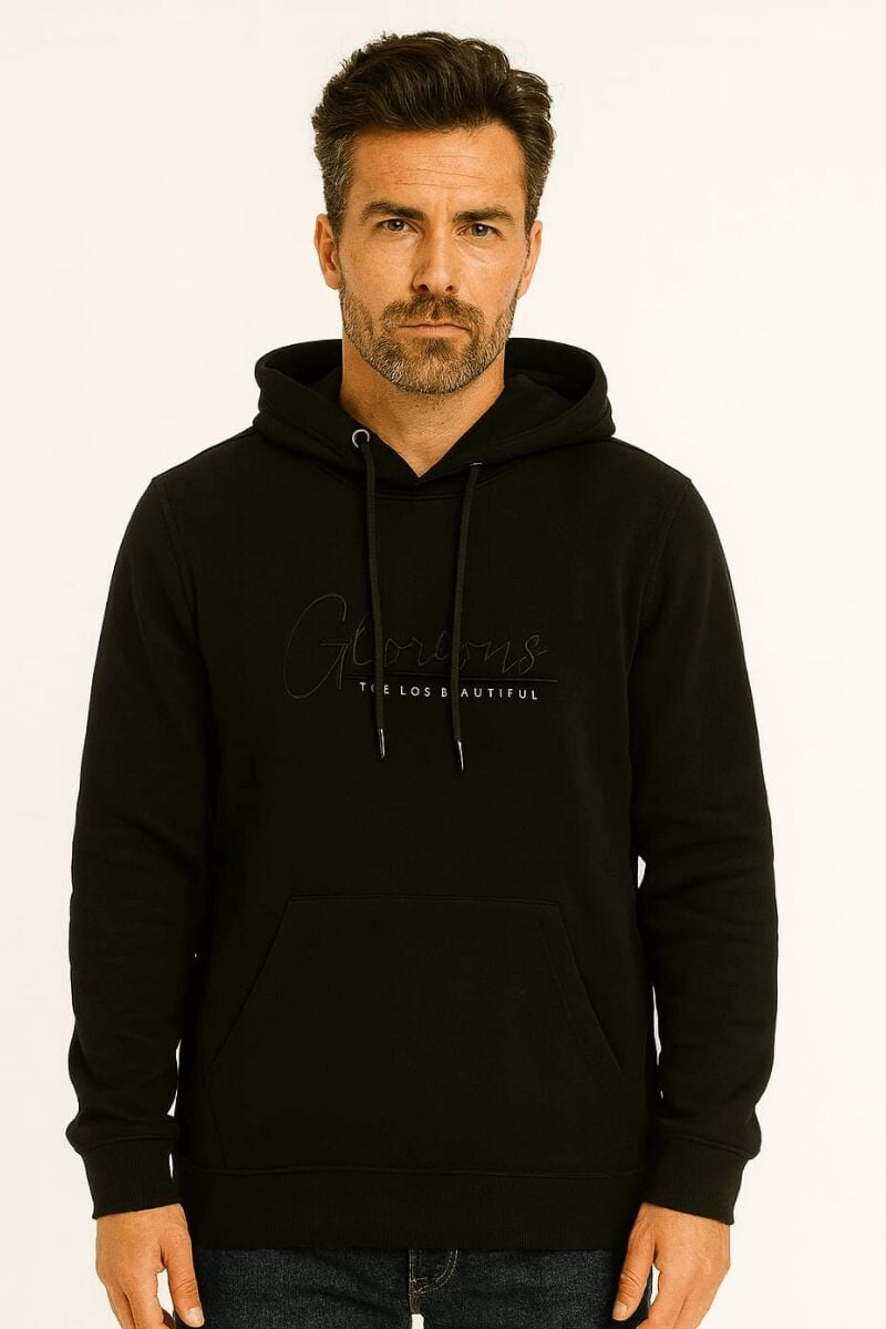 Uzun Kollu Kanguru Cepli Pamuk Karışımlı  Önden Baskılı Erkek Sweatshirt Kapşonlu 679 SİYAH