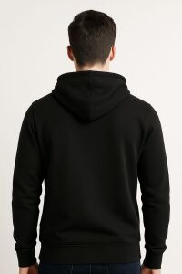 Uzun Kollu Kanguru Cepli Pamuk Karışımlı  Önden Baskılı Erkek Sweatshirt Kapşonlu 679 SİYAH