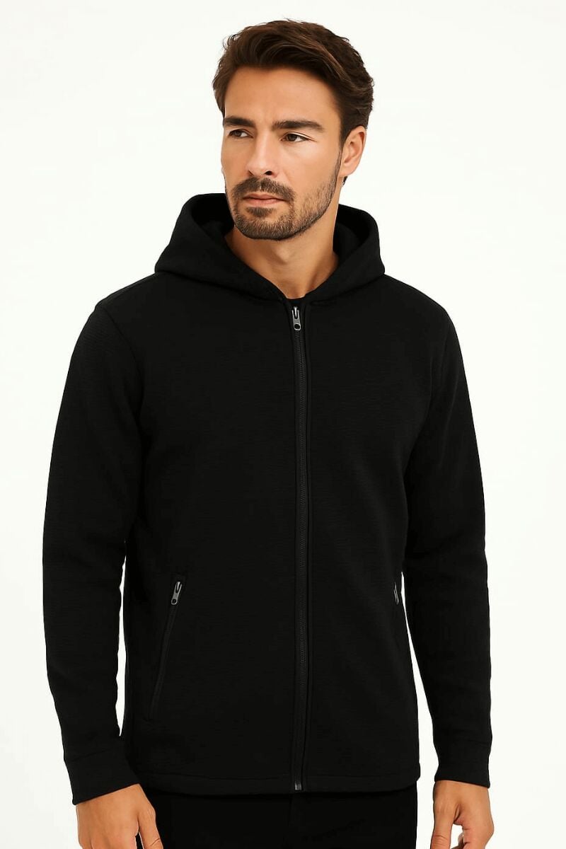 Sweat Fermuarlı Kapşonlu Kendi Çizgili 95093 SİYAH