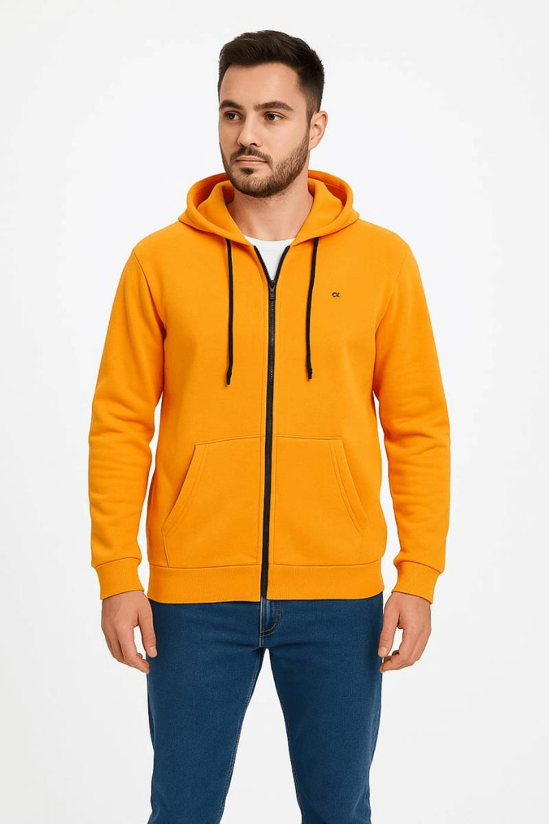 Uzun Kollu Tam Fermuarlı Yandan Cepli Şapkalı İpli Pamuk Karışımlı İçi Pamuklu  Erkek Sweat 2714