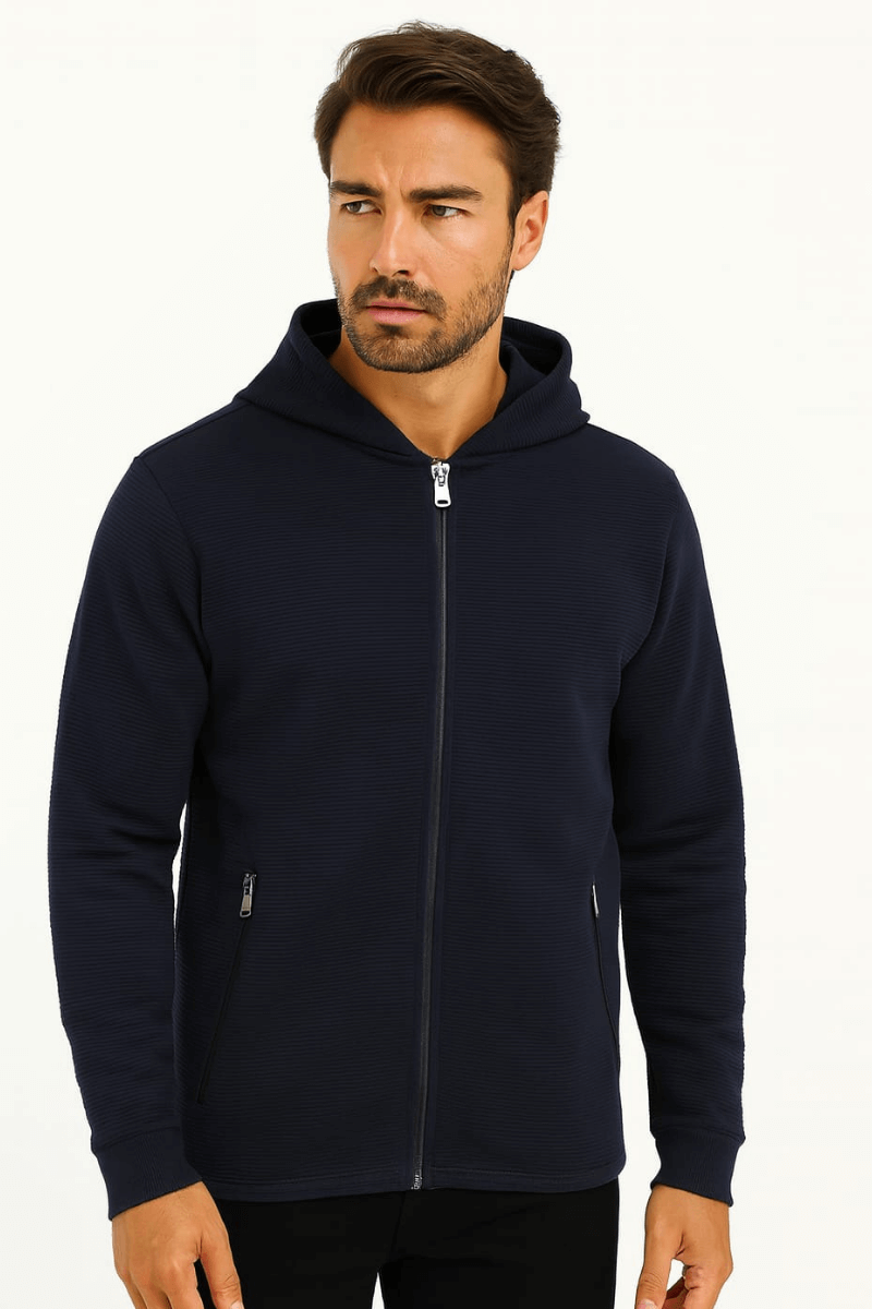 Sweat Fermuarlı Kapşonlu Kendi Çizgili 95093 LACİVERT LACİVERT - S