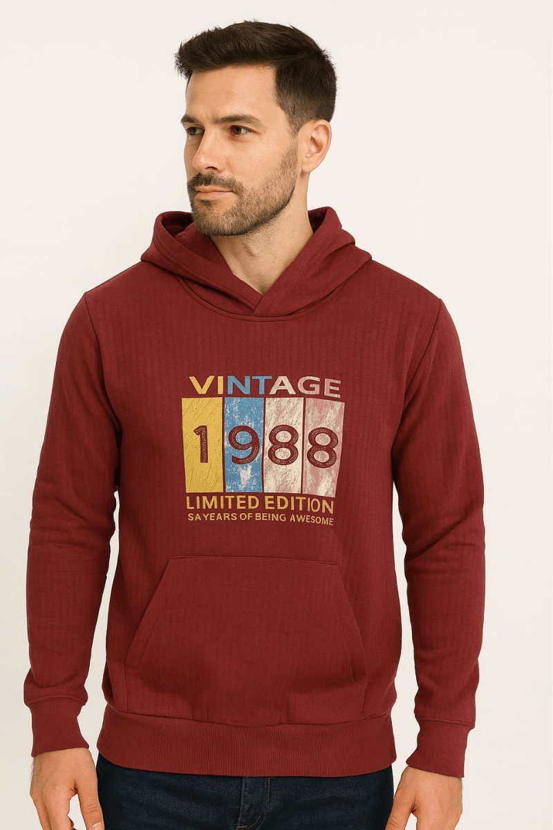 Uzun Kollu Kapşonlu Kanguru Cepli Pamuk Karışımlı Önden Baskılı Erkek Sweatshirt 95102 BORDO BORDO - S