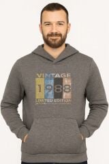 Uzun Kollu Kapşonlu Kanguru Cepli Pamuk Karışımlı Sıcak Tutan Ve Rahat Kumaş Önden Baskılı Erkek Sweatshirt 95102 ANTRASİT