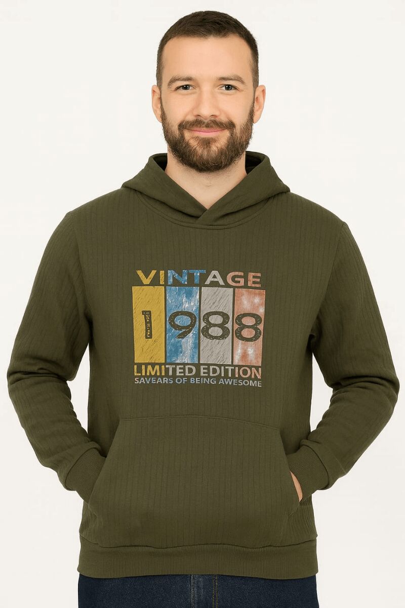 Uzun Kollu Kapşonlu Kanguru Cepli Pamuk Karışımlı Sıcak Tutan Ve Rahat Kumaş Önden Baskılı Erkek Sweatshirt 95102 HAKİ