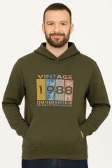 Uzun Kollu Kapşonlu Kanguru Cepli Pamuk Karışımlı Sıcak Tutan Ve Rahat Kumaş Önden Baskılı Erkek Sweatshirt 95102 HAKİ