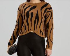 Kadın Yeni Sezon Zebra Desen Triko Kazak