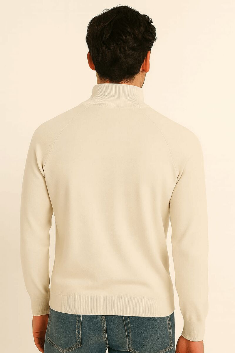 Uzun Kullu Yarım Fermuarlı Dik Yakalı Viscon Ve Akrillik Karışımlı Erkek Triko Kazak 5115 BEJ