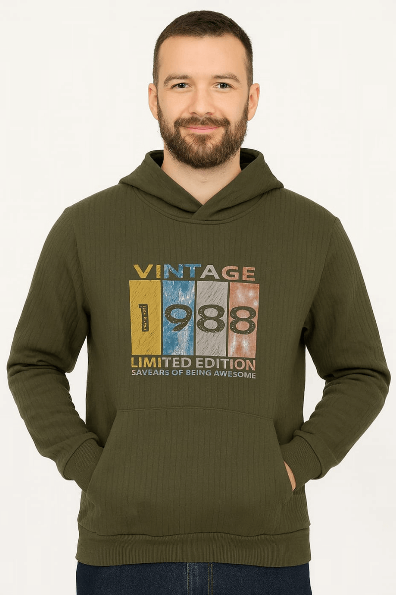Uzun Kollu Kapşonlu Kanguru Cepli Pamuk Karışımlı Önden Baskılı Erkek Sweatshirt 95102 HAKİ HAKİ - S