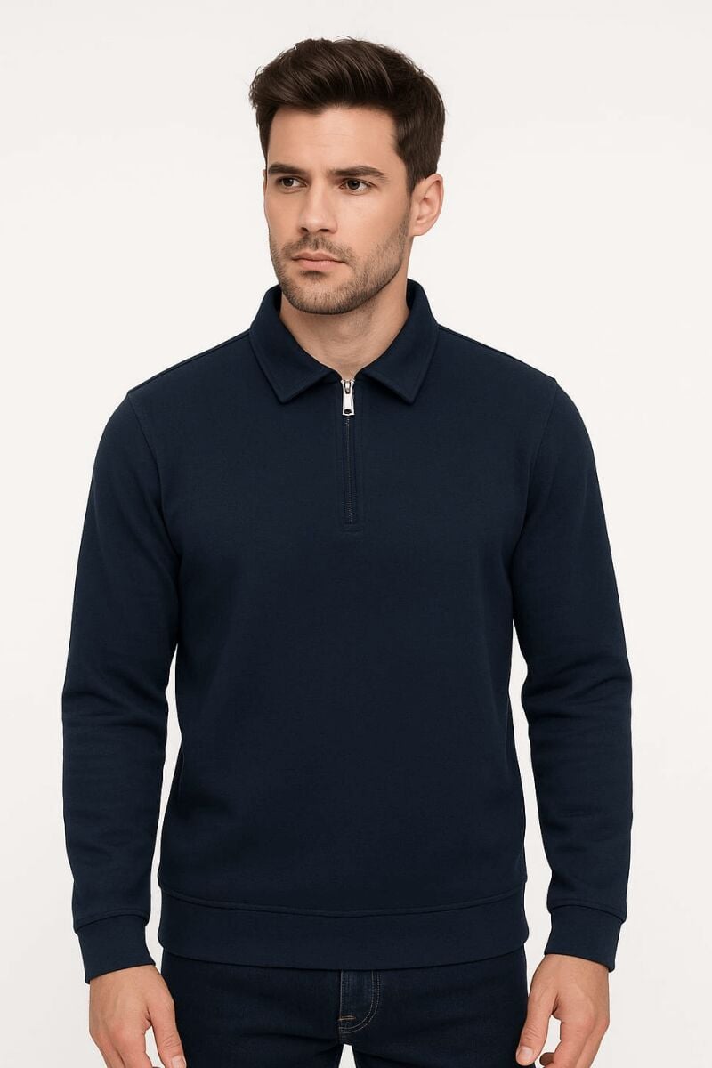 Erkek Polo Yaka Sweatshirt Uzun Kollu Yarım Fermuarlı – Pamuk Karışımlı Regular Fit Rahat Sweat 95261 LACİVERT