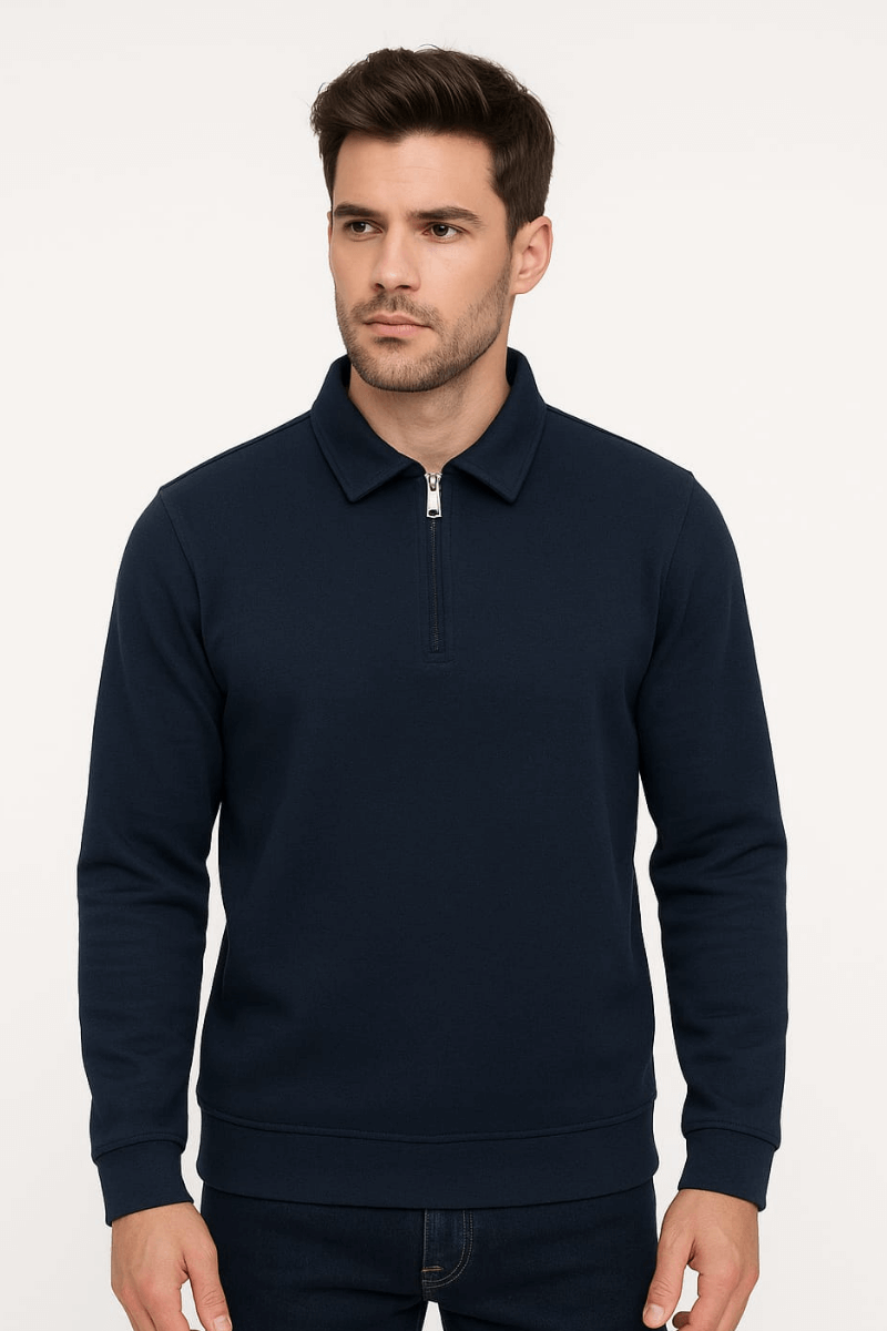 Uzun Kollu Yarım Fermuarlı Pamuk Karışımlı Regular Erkek Polo Yaka Sweatshirt 95261 LACİVERT LACİVERT - L