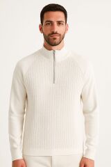 Uzun Kullu Yarım Fermuarlı Dik Yakalı Viscon Ve Akrillik Karışımlı Erkek Triko Kazak 5115 EKRU