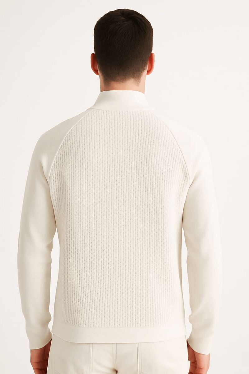 Uzun Kullu Yarım Fermuarlı Dik Yakalı Viscon Ve Akrillik Karışımlı Erkek Triko Kazak 5115 EKRU