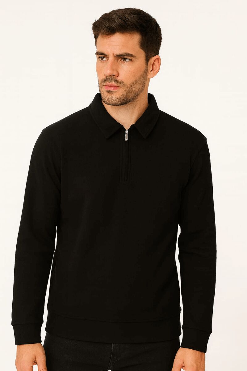 Erkek Polo Yaka Sweatshirt Uzun Kollu Yarım Fermuarlı – Pamuk Karışımlı Regular Fit Rahat Sweat 95261 SİYAH