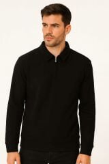 Erkek Polo Yaka Sweatshirt Uzun Kollu Yarım Fermuarlı – Pamuk Karışımlı Regular Fit Rahat Sweat 95261 SİYAH