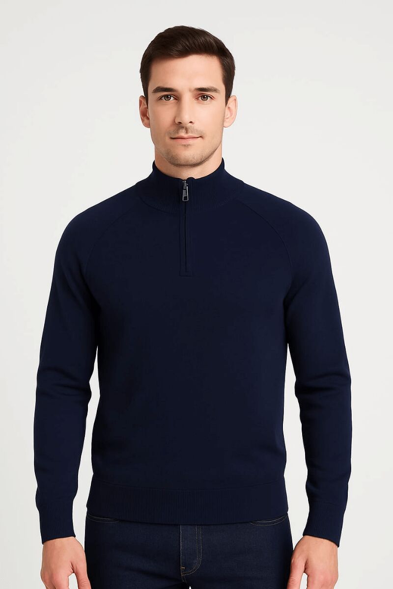 Uzun Kullu Yarım Fermuarlı Dik Yakalı Viscon Ve Akrillik Karışımlı Erkek Triko Kazak 5115 LACİVERT