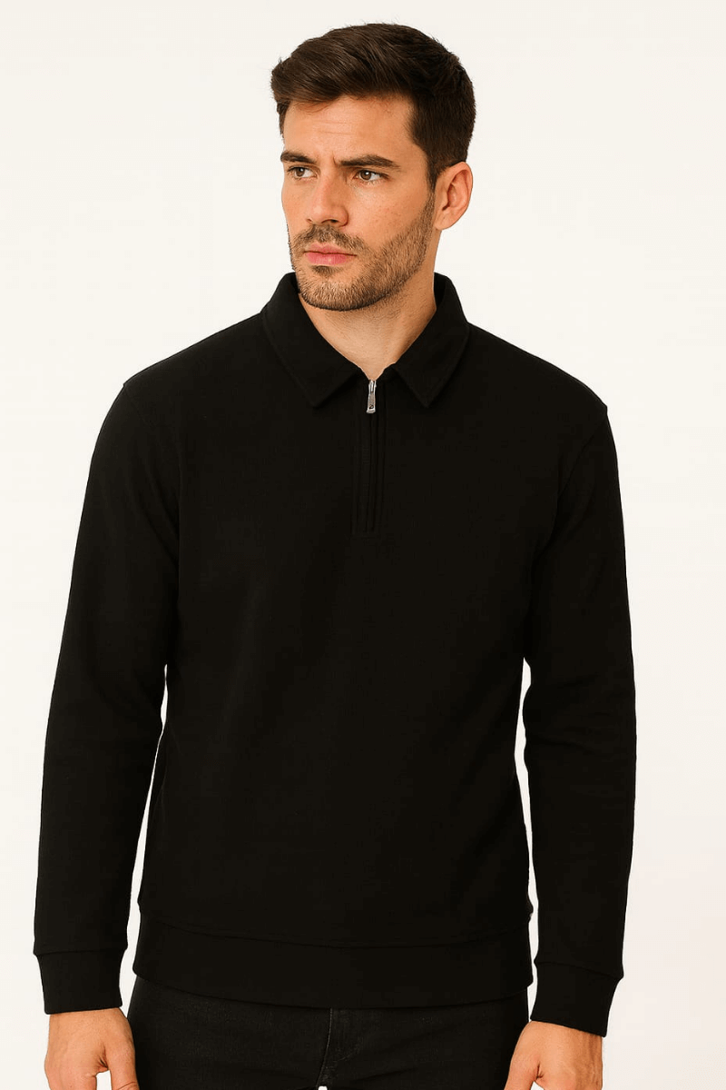 Uzun Kollu Yarım Fermuarlı Pamuk Karışımlı Regular Erkek Polo Yaka Sweatshirt 95261 SİYAH SİYAH - XXL