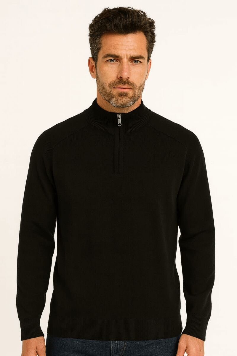 Uzun Kullu Yarım Fermuarlı Dik Yakalı Viscon Ve Akrillik Karışımlı Erkek Triko Kazak 5115 SİYAH