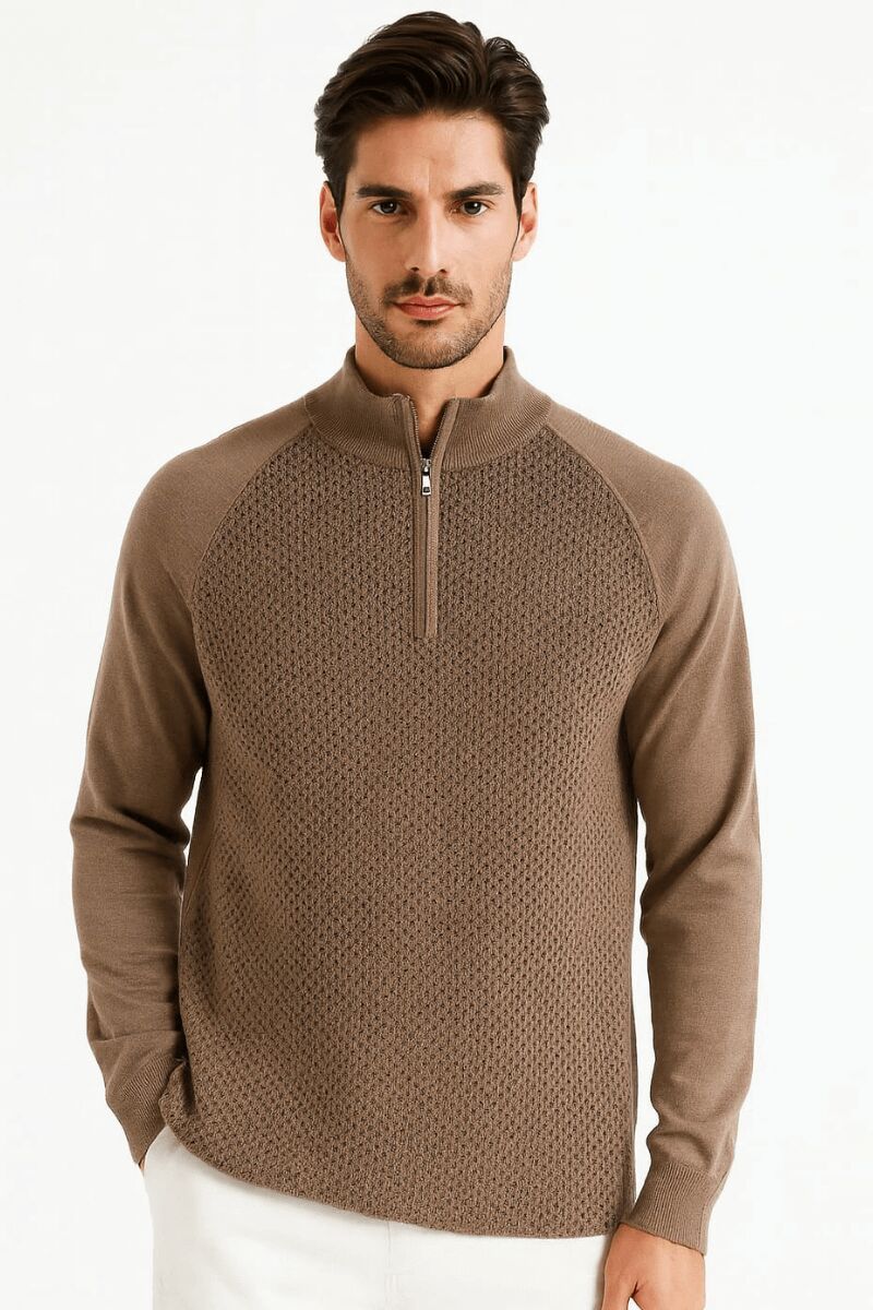 Uzun Kullu Yarım Fermuarlı Dik Yakalı Viscon Ve Akrillik Karışımlı Erkek Triko Kazak 5115 KAHVERENGİ