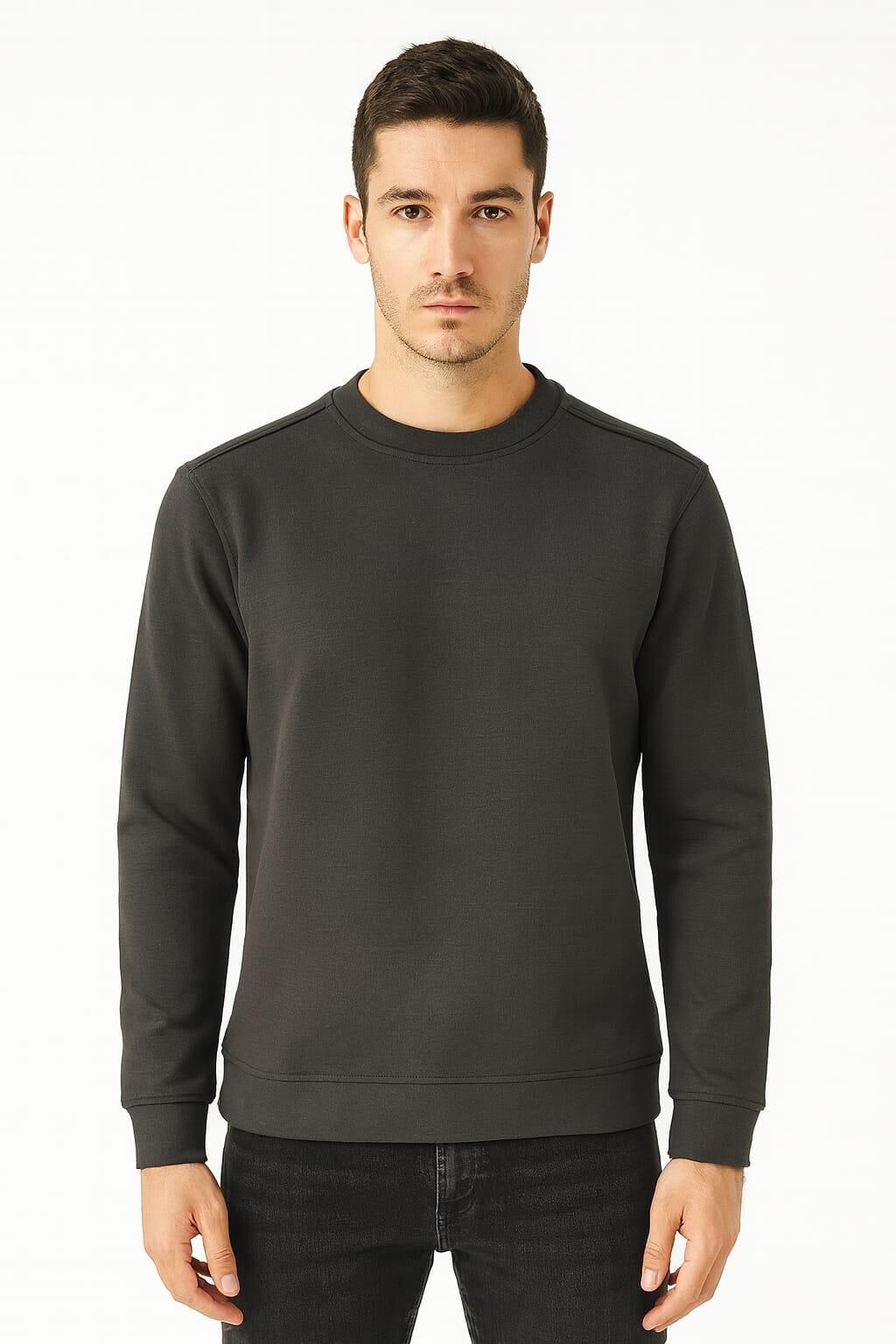 Uzun Kollu Bisklet Yakalı  Viscone Karışımlı Regulear Kesim Rahat Sade Sweatshirt 95256-27