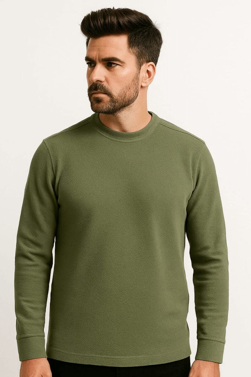 Erkek Sweatshirt Bisiklet Yaka Uzun Kollu Pamuk Karışımlı Kalın Regular Fit Sıcak Tutan Rahat Günlük Sweat 95258 HAKİ