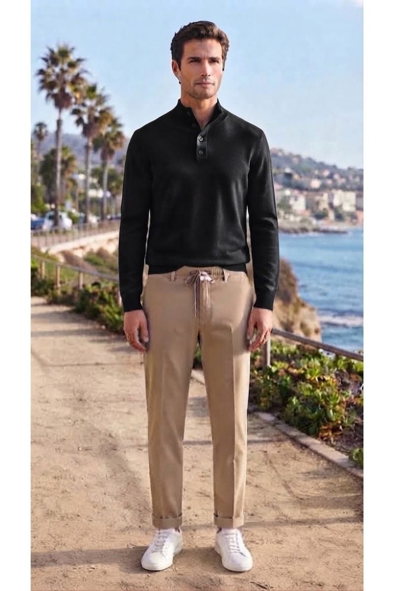 Erkek Dik Yaka Düğmeli Triko SİYAH SİYAH - XXL