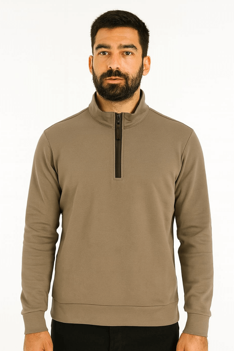Uzun Kollu Yarım Fermuarlı Pamuk Karışımlı Regular Erkek Dik Yaka Sweatshirt 95270 BEJ BEJ - S