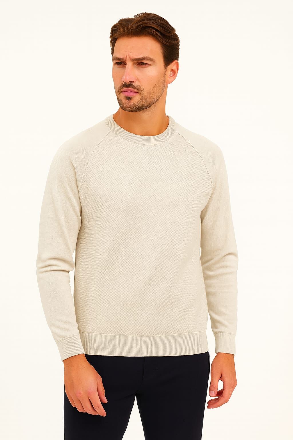 Uzun Kollu Bisiklet Yakalı  Sıcak Ve Rahat Viscon Karışımlı Erkek Triko Kazak BEJ