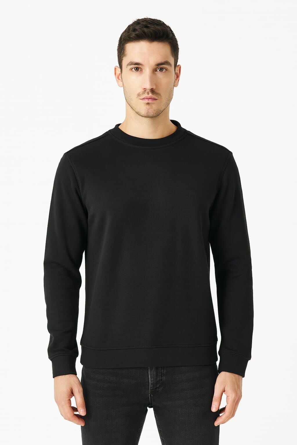 Uzun Kollu İçi Pamuklu Bisiklet Yaka Sweatshirt SİYAH