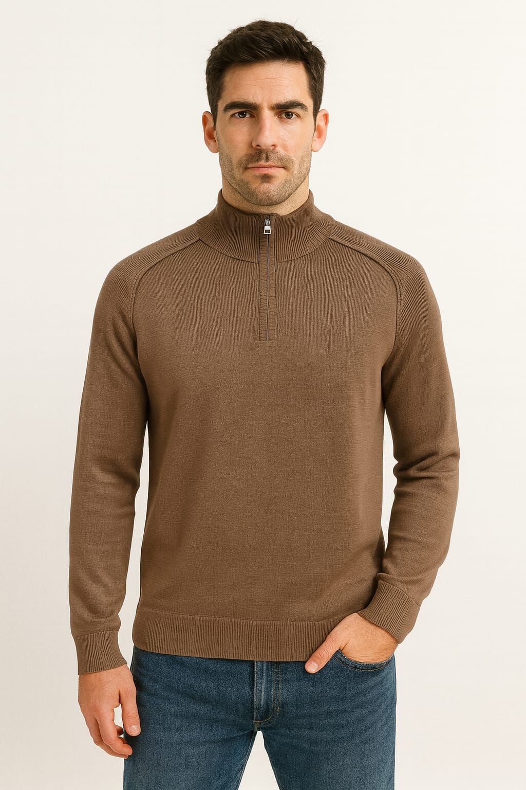 Erkek Triko Kazak Uzun Kollu Dik Yaka Yarım Fermuarlı – Viskon Karışımlı Regular Kesim Rahat Şık Kazak 5113 KAHVERENGİ