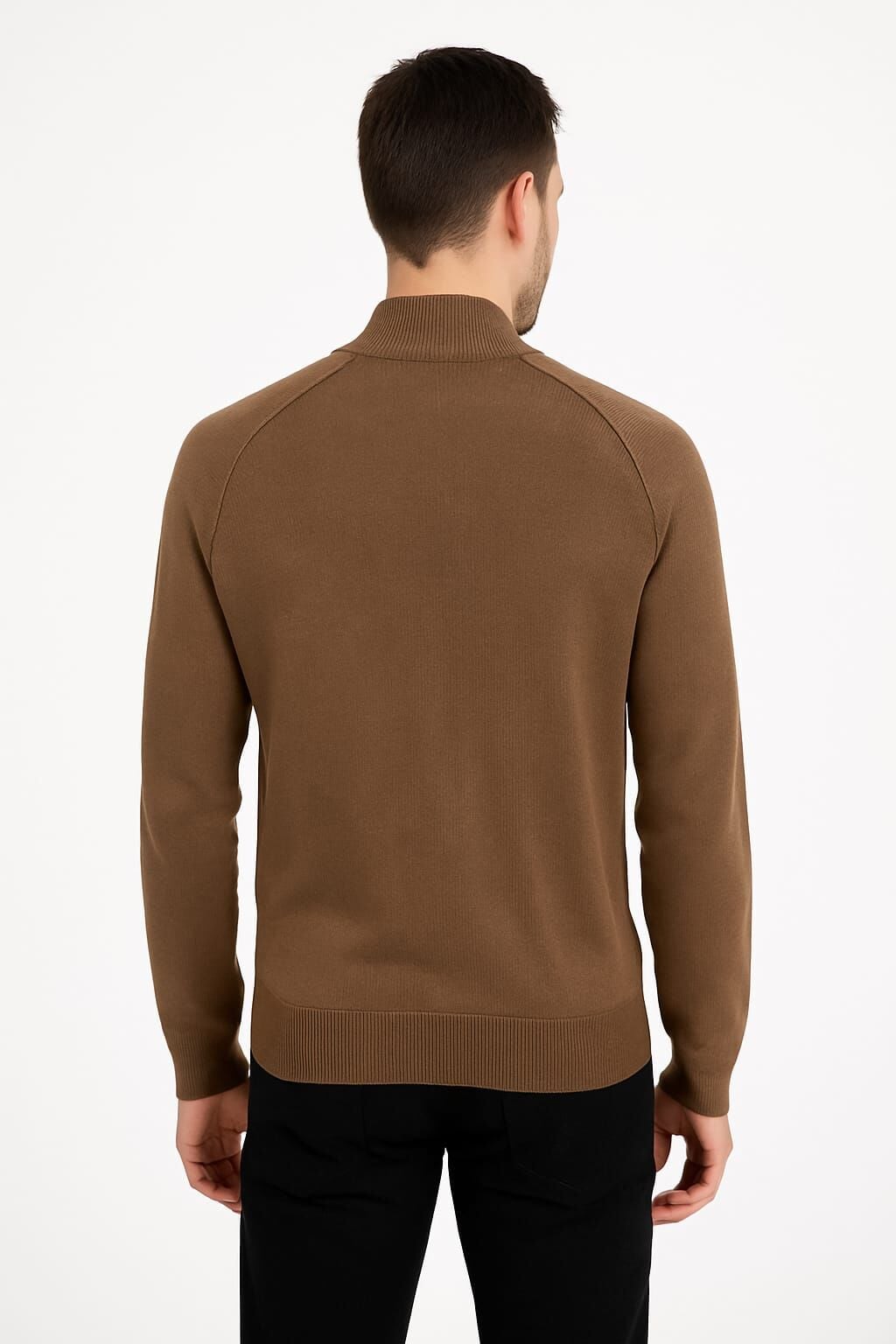 Erkek Triko Kazak Uzun Kollu Dik Yaka Yarım Fermuarlı – Viskon Karışımlı Regular Kesim Rahat Şık Kazak 5113 KAHVERENGİ